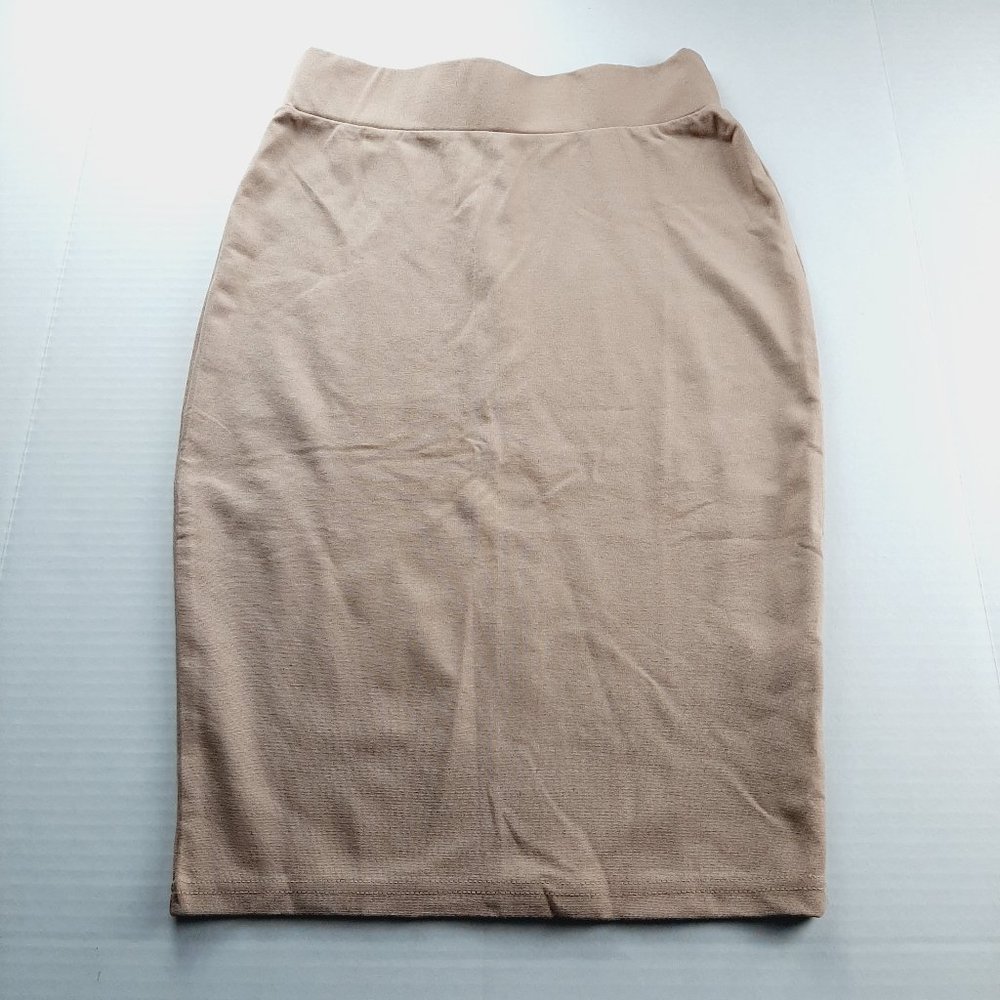 Simlu Womens Midi Pencil Skirt Size Small Tan Nude Stretch Bodycon Pull-on